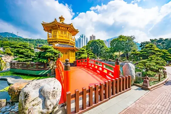 Hong Kong: West Kowloon cultural area - Chi Lien Zen Monastery - panoramic view of Victoria Bay