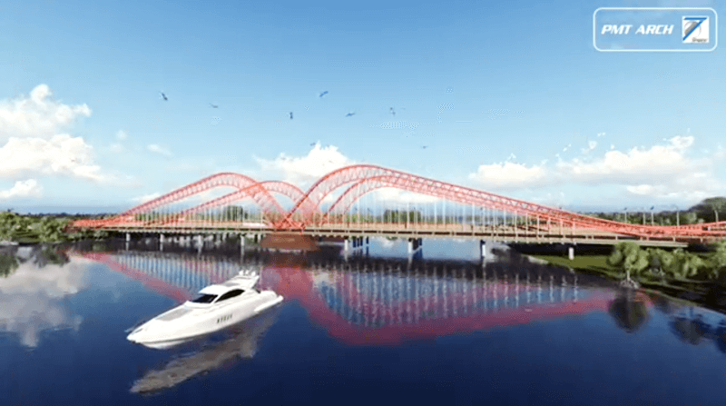 ブンタウへの訪問者を歓迎するカモメが羽を広げているコーメイ橋