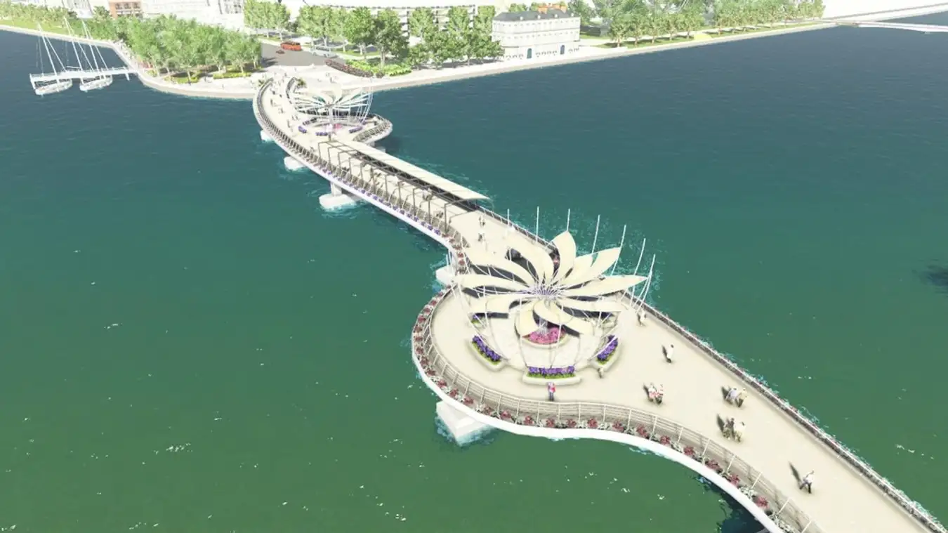 橋の中央にはベトナムらしい美しさを醸し出す二輪の蓮の花の像もあり、夜になると歩道橋がキラキラと幻想的に輝きます。