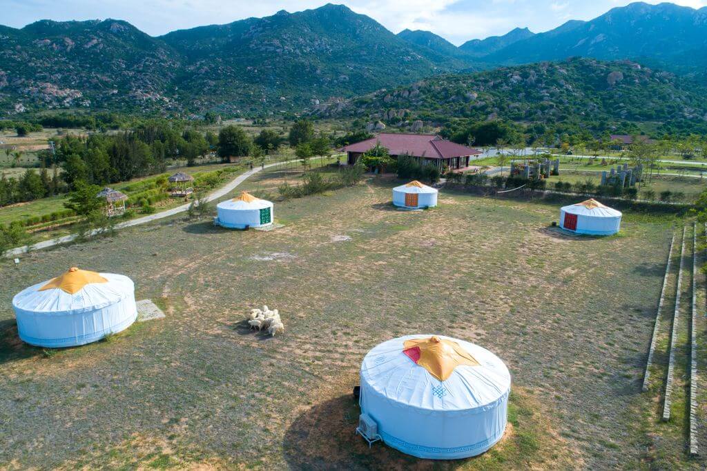 Tent and flock of sheep in Ninh Thuan Mongolian village