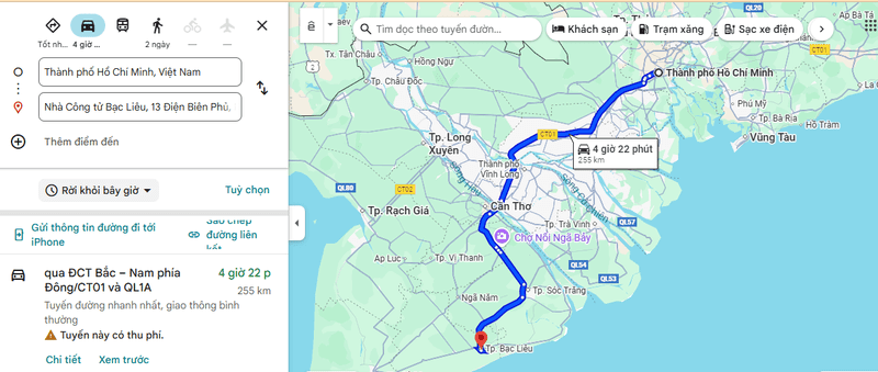 Từ TP. Hồ Chí Minh đến Cà Mau (Phường Bạc Liêu)